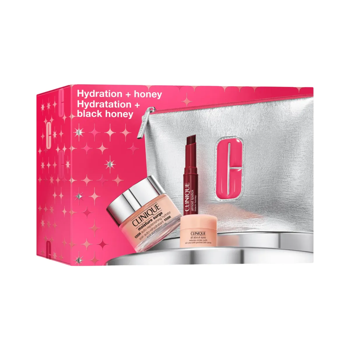 Kit Clinique Essenciais Hidratante Facial Moisture Surge 100H 50ml + Gel-Creme Olhos All About Eyes 5ml + Batom Lipstick Black Honey 1,2g