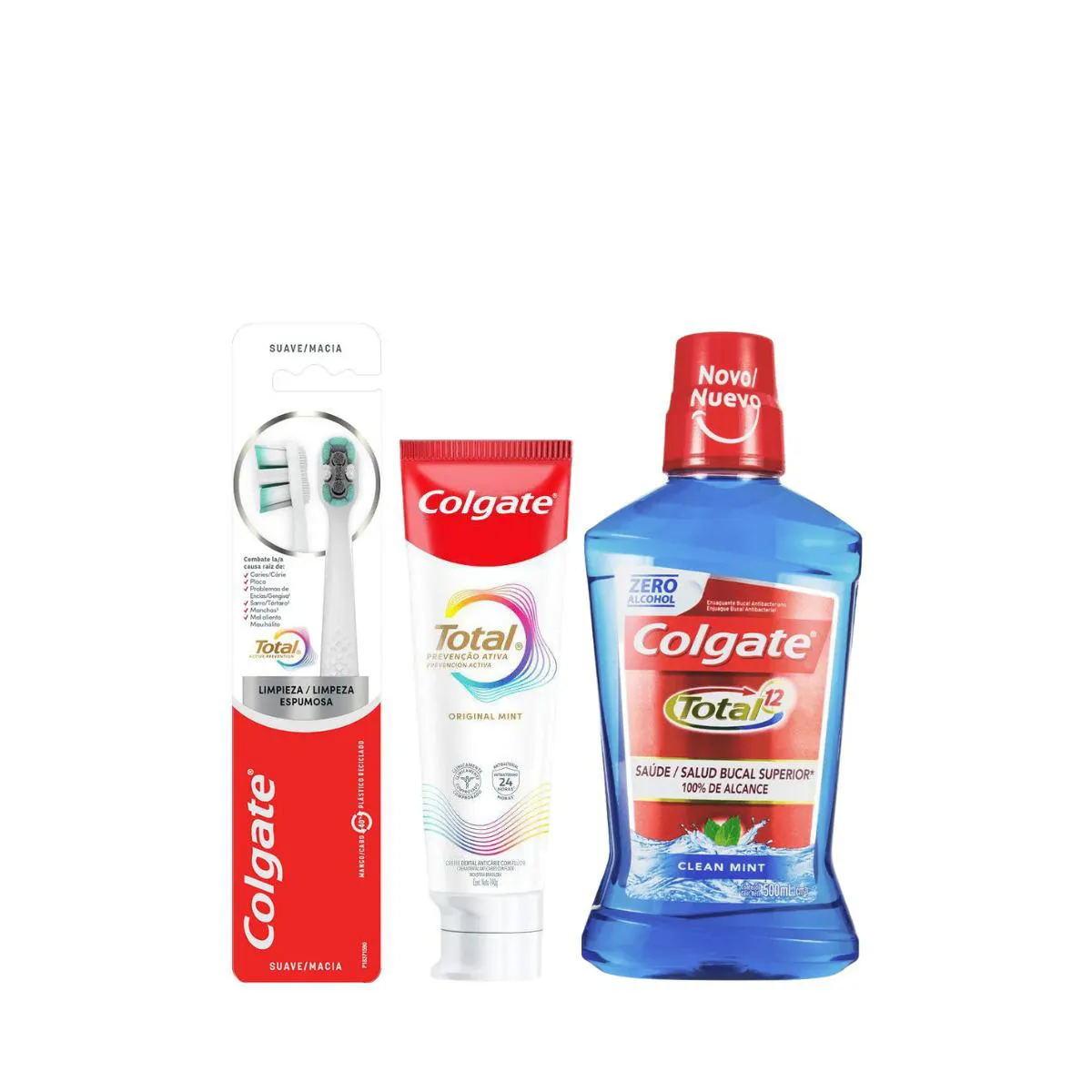 Kit Colgate Total Creme Dental Prevenção Ativa Original Mint 140g + Escova de Dente Macia 2 unidades + Enxaguante Bucal Sem Álcool Clean Mint 500ml