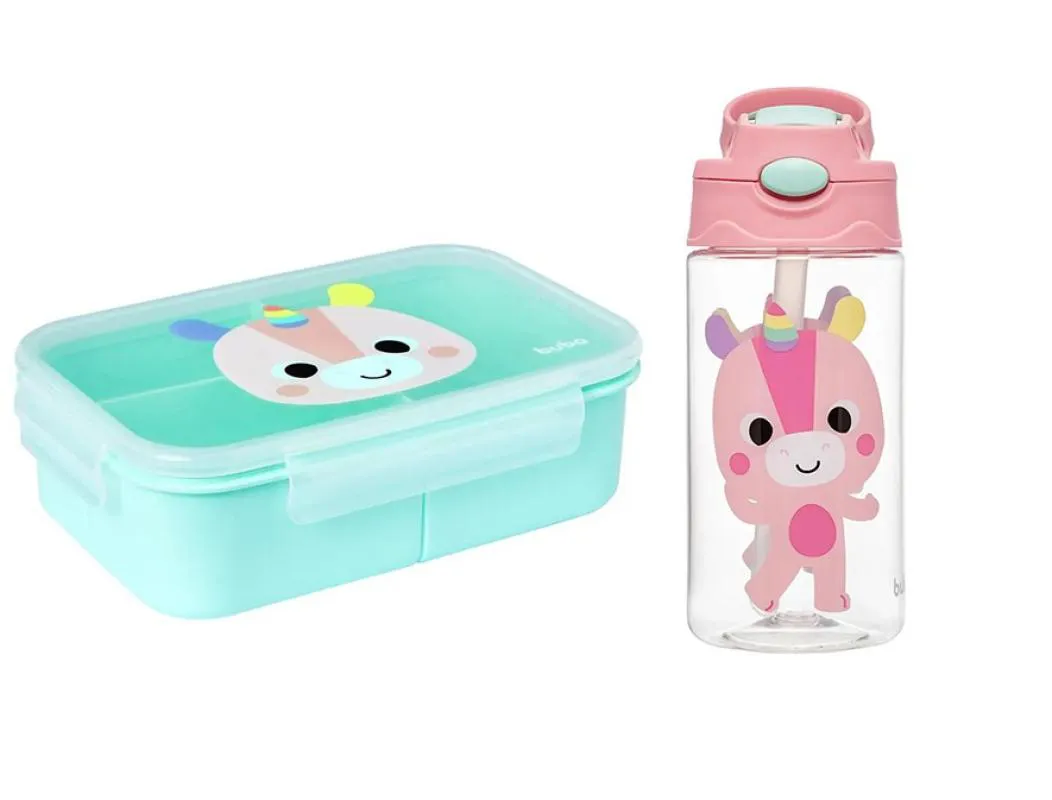 Kit Buba Garrafinha 450Ml + Bento Lunchbox com Divisórias Unicórnio