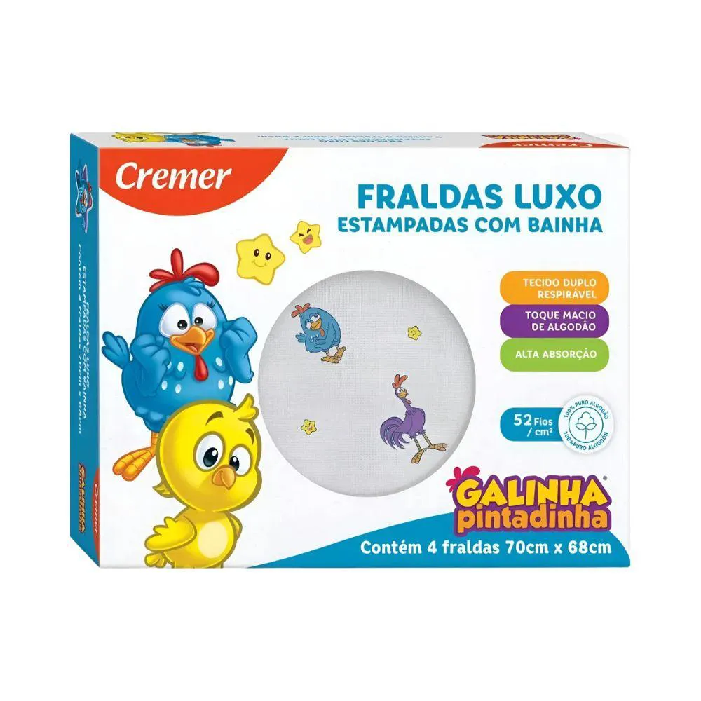 Fralda de Pano Cremer com Bainha Galinha Pintadinha 04 Unid