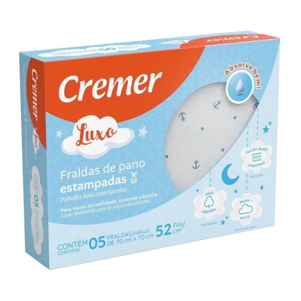 Fralda de Pano Cremer Estampa Naval Azul com Bainha 05 Unid