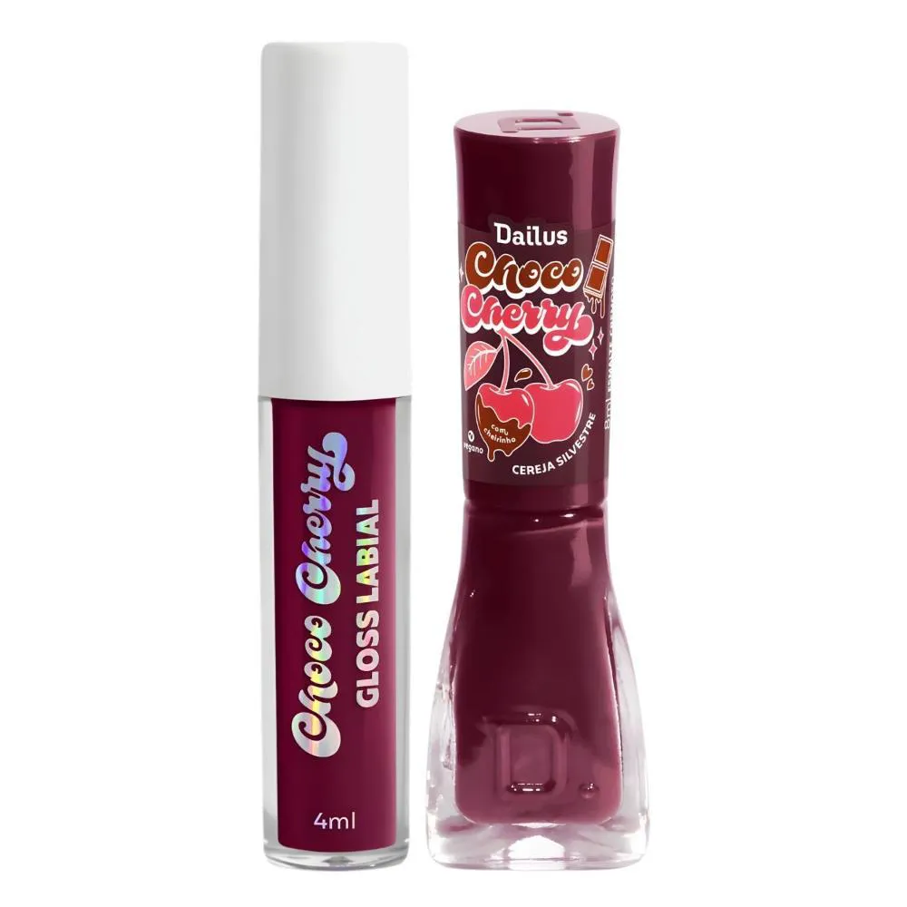 Kit Dailus Choco Cherry Cereja Silvestre: Gloss Labial 4Ml e Emalte Cremoso 8Ml