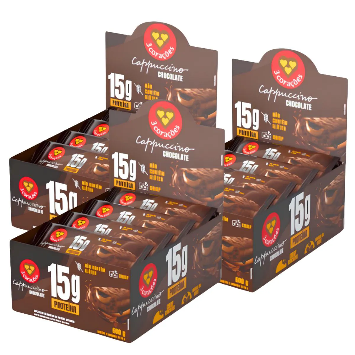 3X Barra Proteica 3 Corações Cappuccino Chocolate 12Un 50G