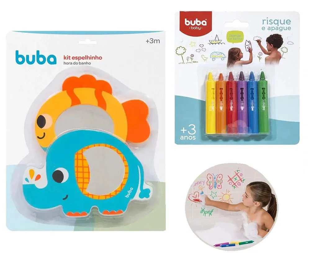 Kit Espelhinhos para Banho 2Und + Giz de Banho Risque e Apague 6 Cores Buba