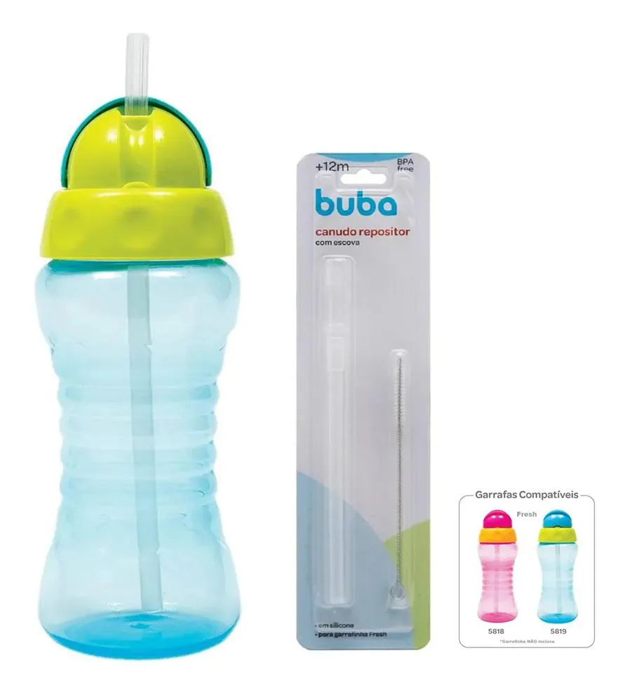 Kit Garrafinha Fresh com Canudo Silicone 300Ml + Canudo com Escova Buba
