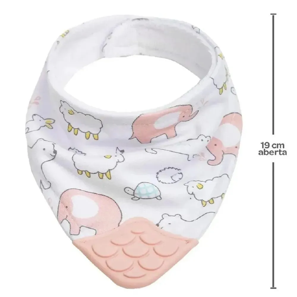 Kit Joelheira Infantil Antiderrapante +6M + Babador Bandana C/Mordedor Animais Rosa Buba