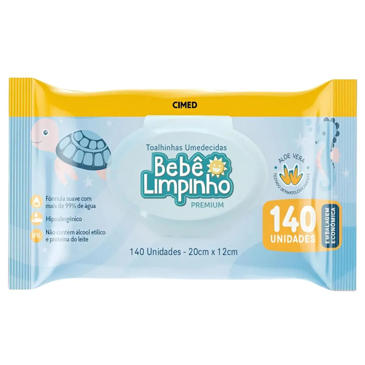 Toalhas Umedecidas 140 Unidades Bebê Limpinho Cimed Lenço sem Álcool Aloe Vera