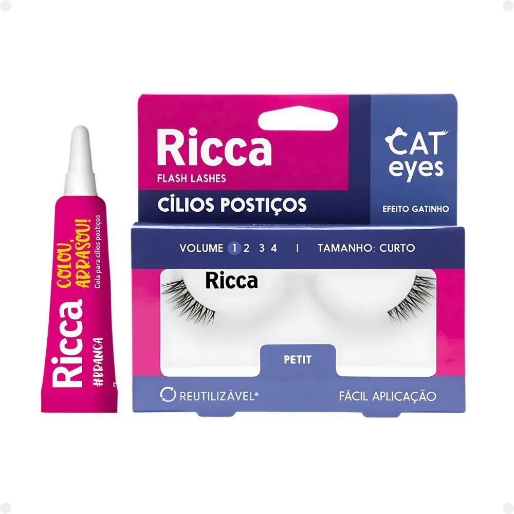 Cílios Postiços + Cola Branca Ricca Belliz Cat Eyes Petit Vol:1 Curto