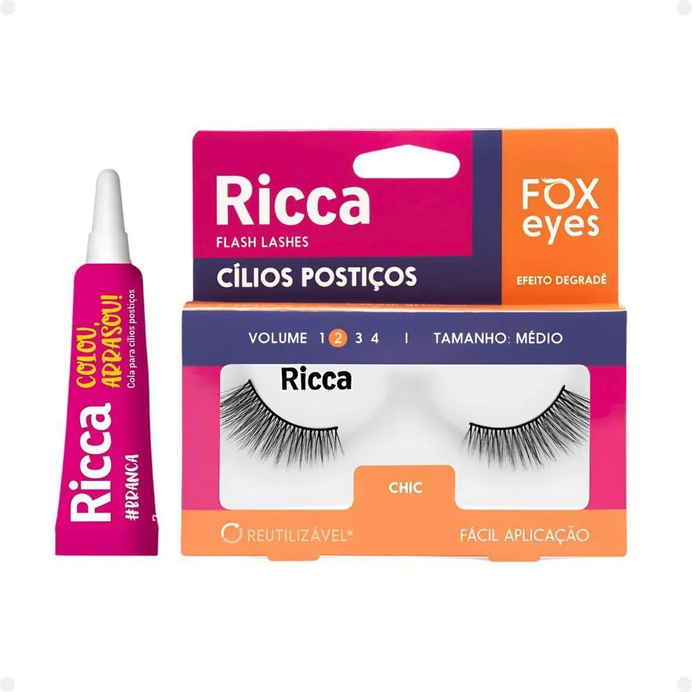 Cílios Postiços + Cola Branca Ricca Belliz Fox Eyes Chic Vol:2 Medio