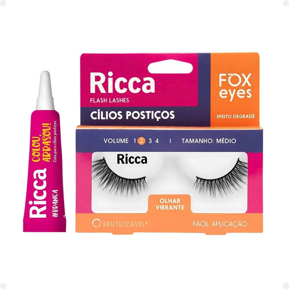 Cílios Postiços + Cola Branca Ricca Belliz Fox Eyes Olhar Vibrante Vol:2 Medio