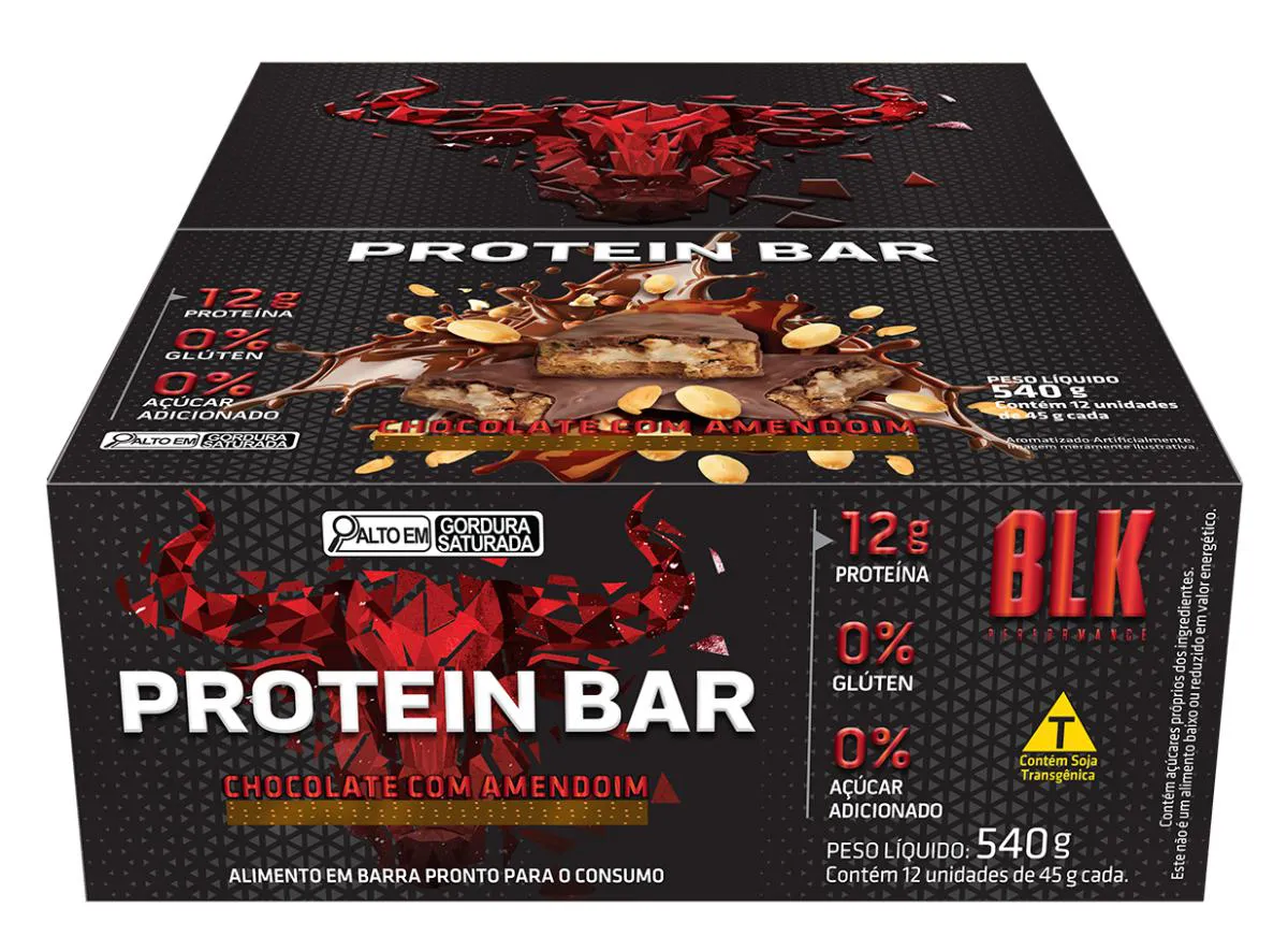 Protein Bar Blk - Barra de Proteína 12 Unidades # Original # Sabor Chocolate com Amendoim