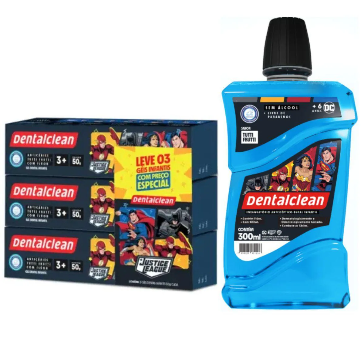 Enxaguante + 3 Gel Dental Liga da Justiça - Dentalclean