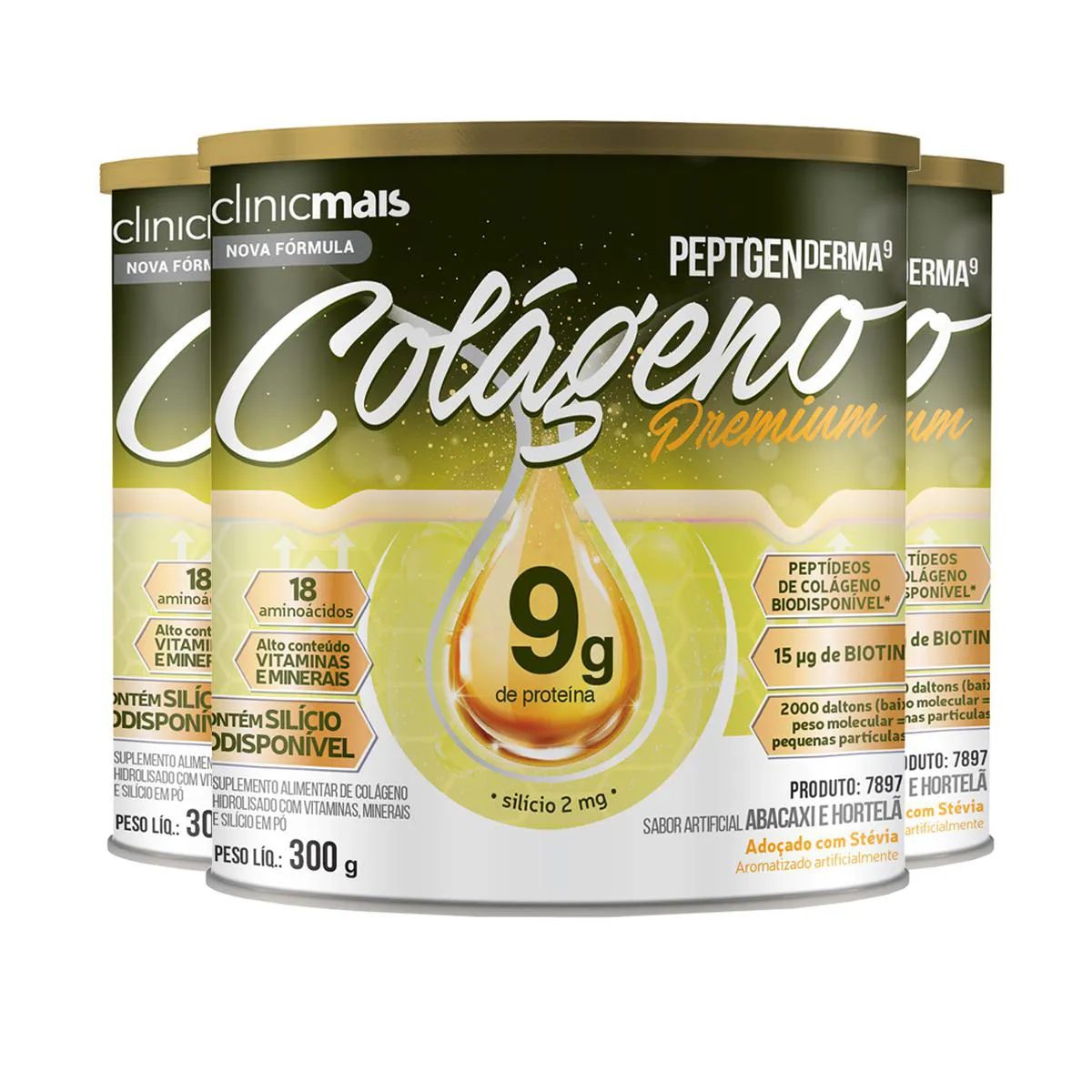 Kit 3 Colágeno Peptgenderma Clinicmais 300G Abacaxi com Hortelã