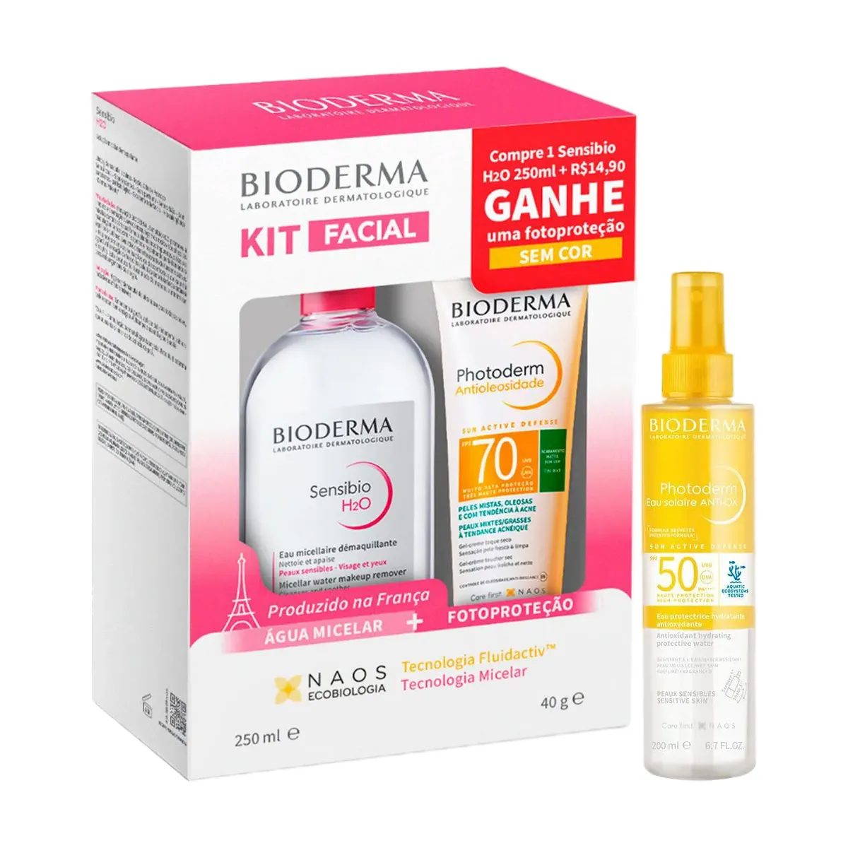 Kit Bioderma Água Micelar Sensibio H2O 250ml + Photoderm Antioleosidade FPS70 40ml + Eau Solaire Anti-OX FPS 50 200ml
