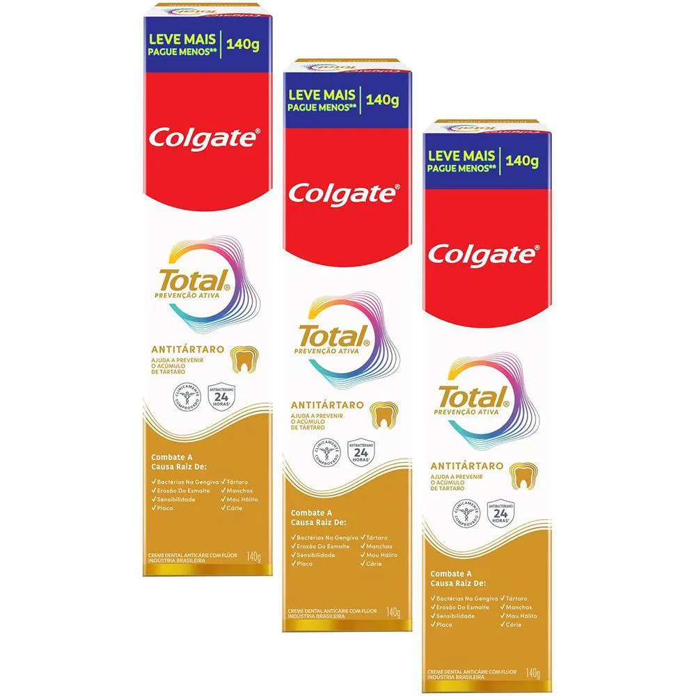Kit 3 Cremes Dentais Colgate Total Anti Tártaro 140G