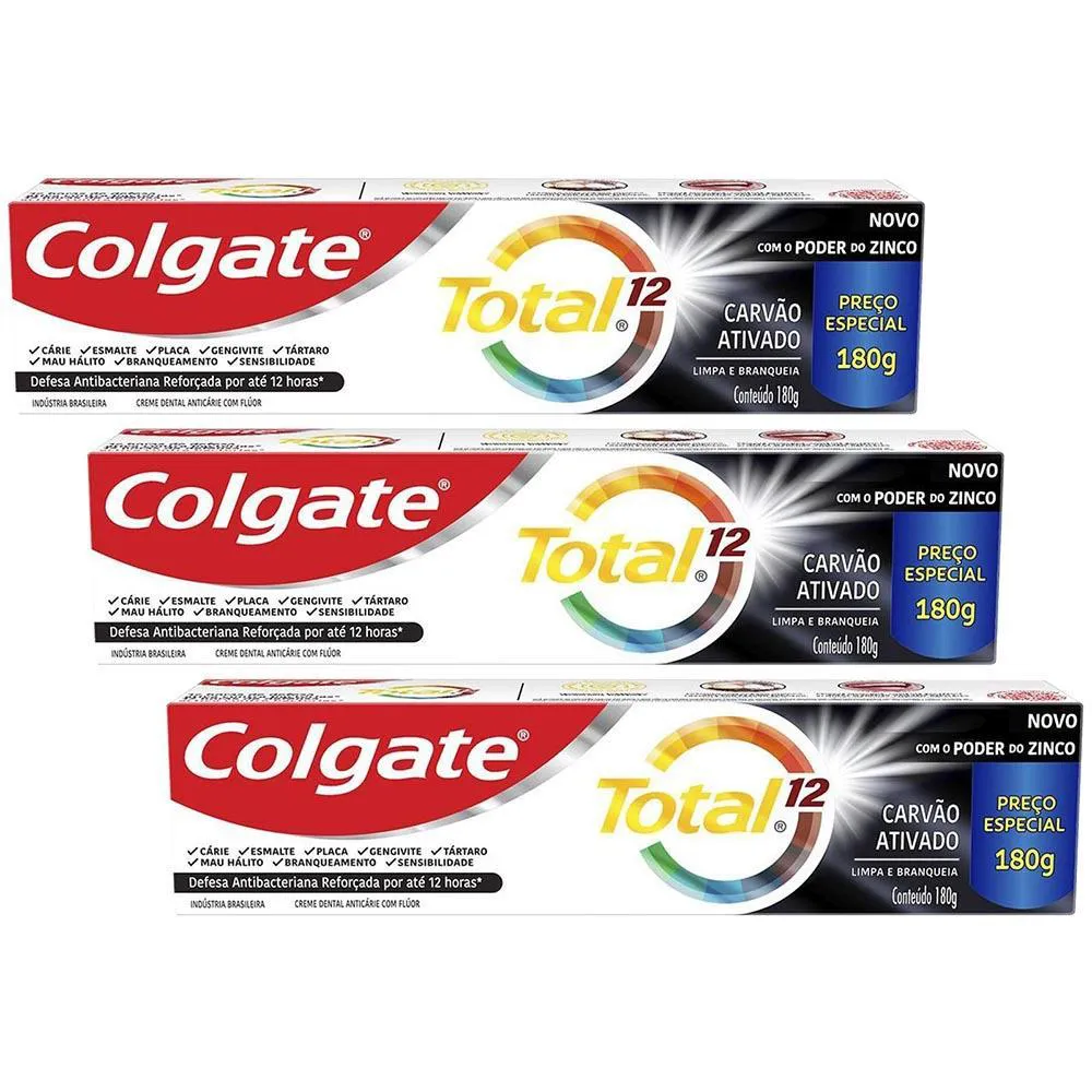 Kit 3 Cremes Dentais Colgate Total Carvão Ativado 180G