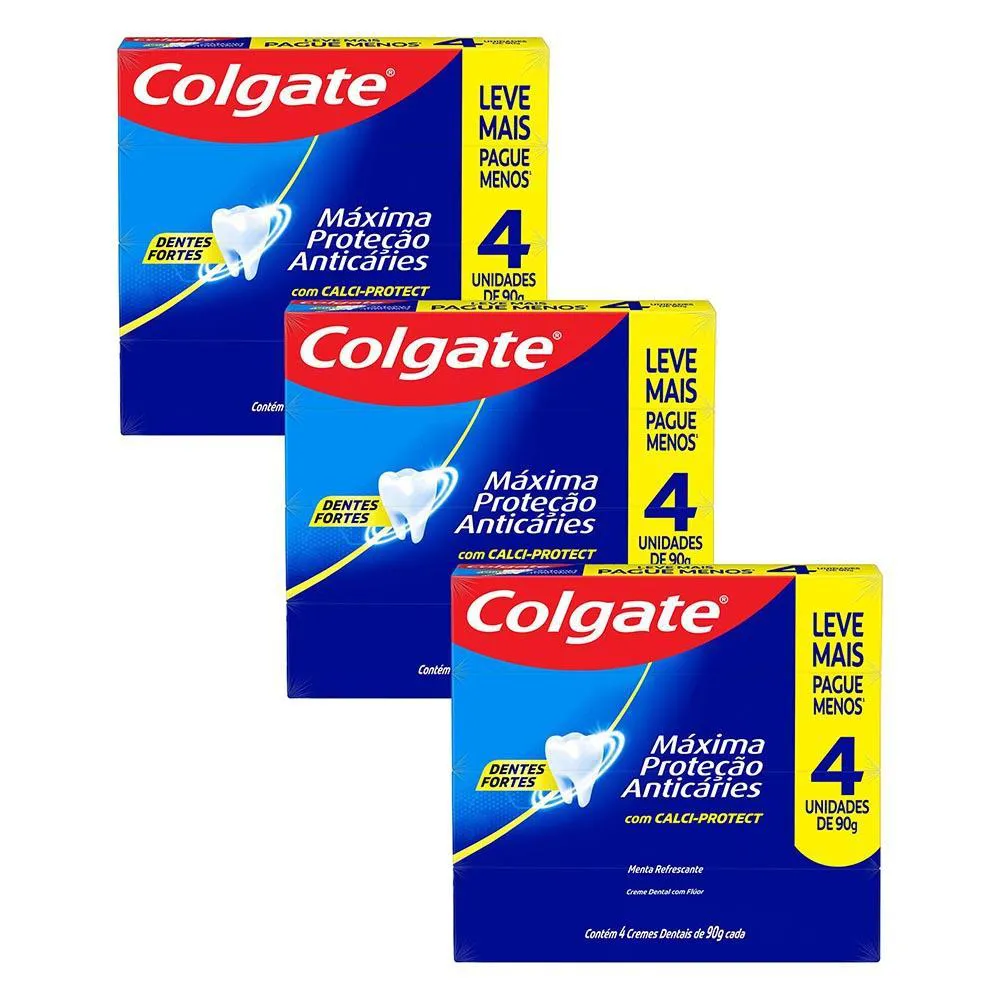 Kit 3 Pack Creme Dental Colgate Máxima Proteção Anticáries 90G 4Un Cada
