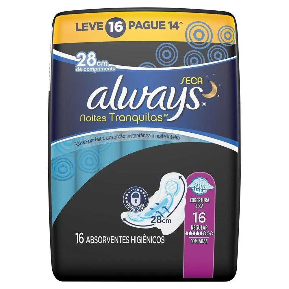 Absorvente Always Noturno Malha Seca com Abas - Embalagem com 16 Unidades - Leve 16 Pague 14