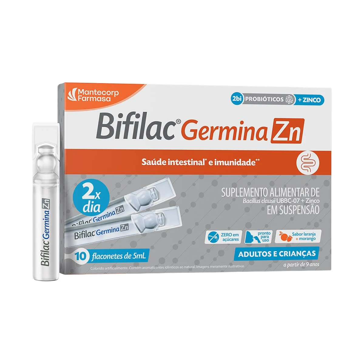 Probiótico Bifilac Germina ZN 2bi + Zinco Suspensão Oral Laranja e Morango 10 flaconetes de 5ml cada