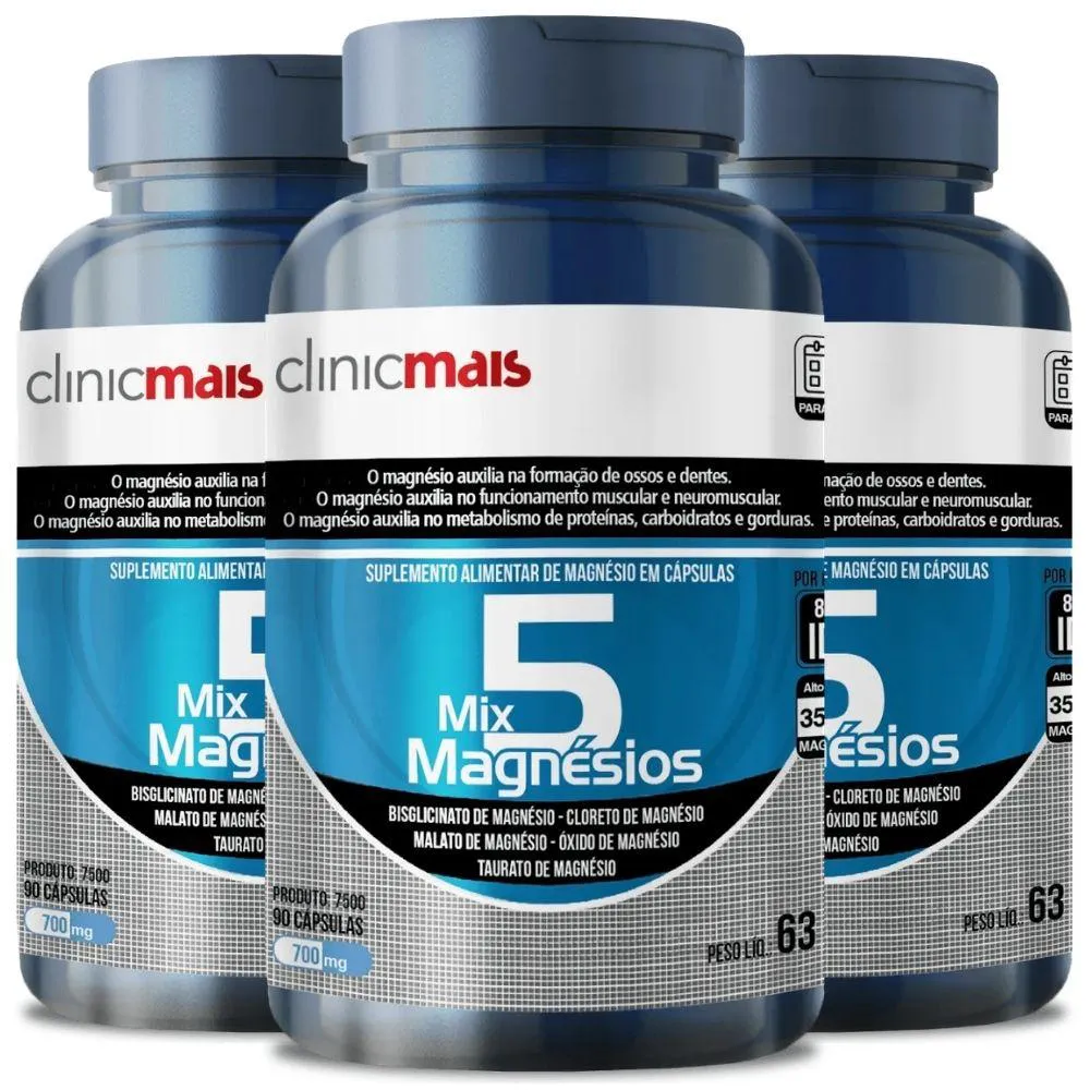Kit 3X 5 Mix Magnésios 90 Cápsulas - Clinicmais