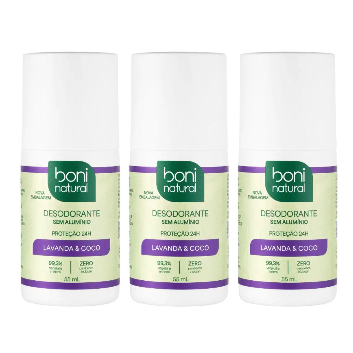 Kit 3 Desodorante Roll-On Boni Natural Coco e Lavanda 55Ml
