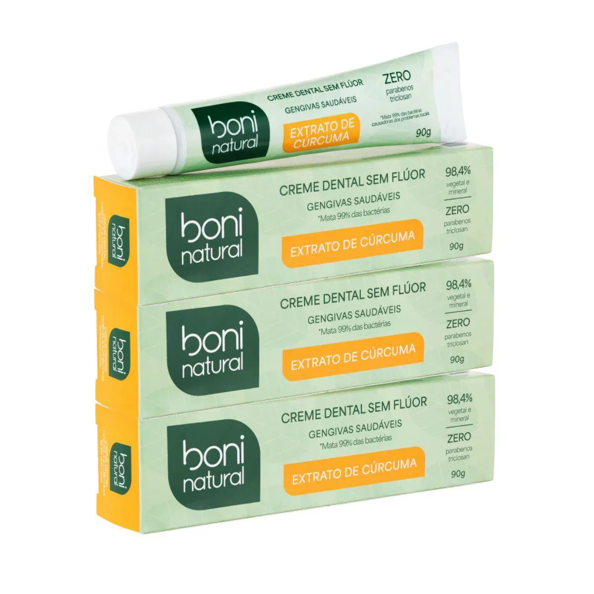 Kit 3 Creme Dental Boni Natural Hortela e Curcuma 90G