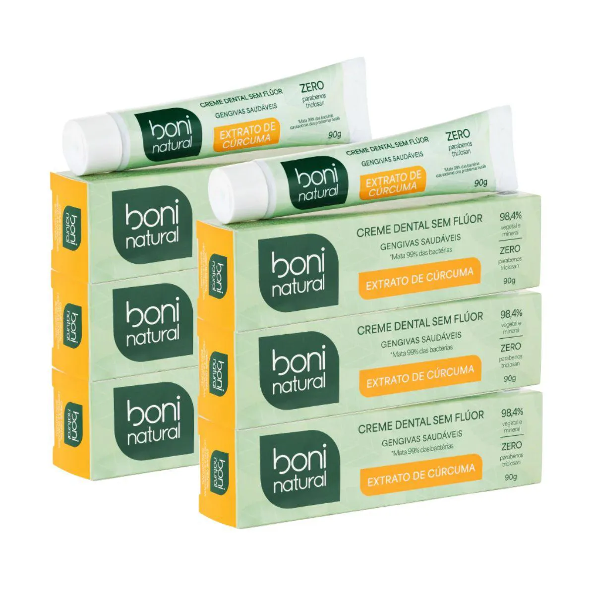 Kit 6 Creme Dental Boni Natural Hortela e Curcuma 90G