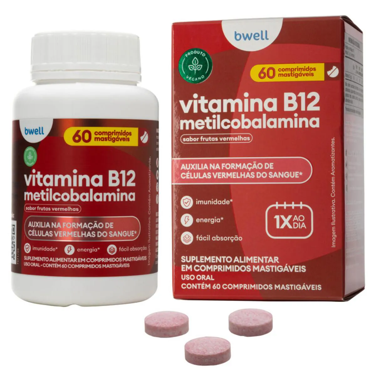 Vitamina B12 Bwell Frutas Vermelhas 60 Comprimidos Mastigáveis