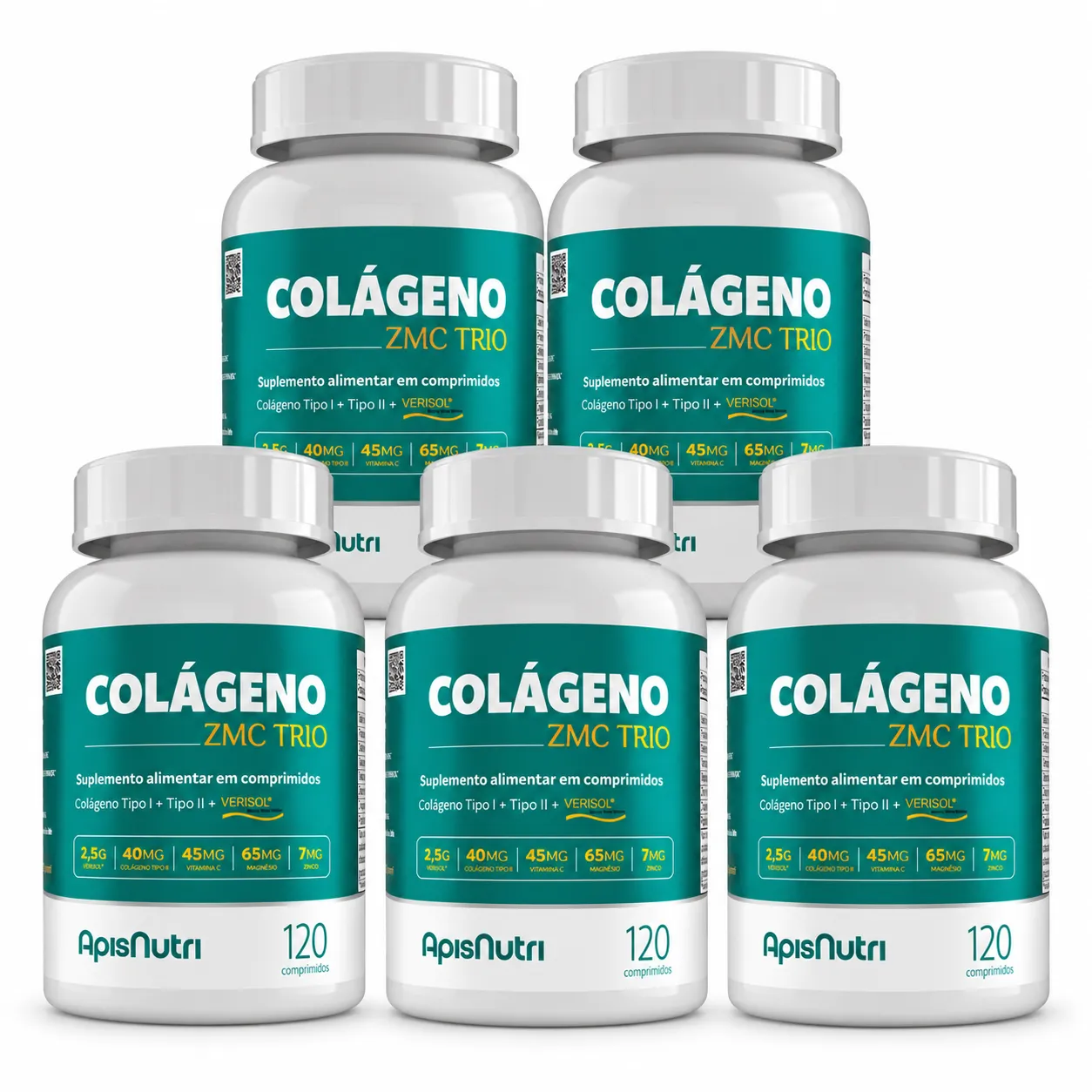 Kit 5 Colágeno Zmc Trio Apisnutri 120 Comprimidos