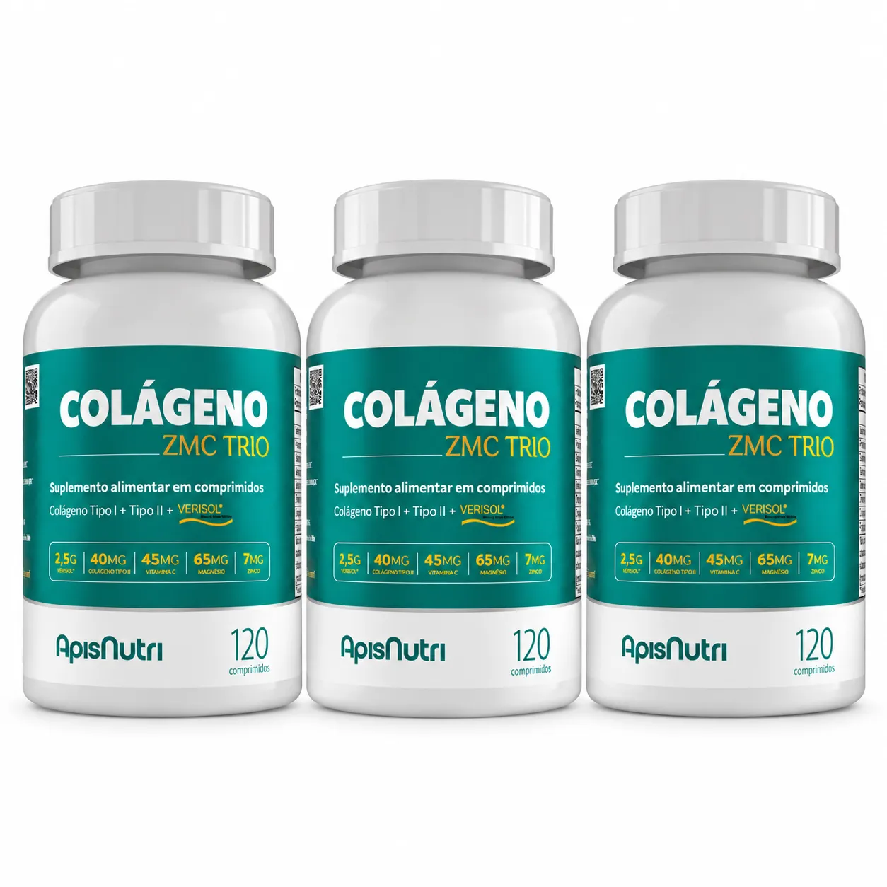 Kit 3 Colágeno Zmc Trio Apisnutri 120 Comprimidos