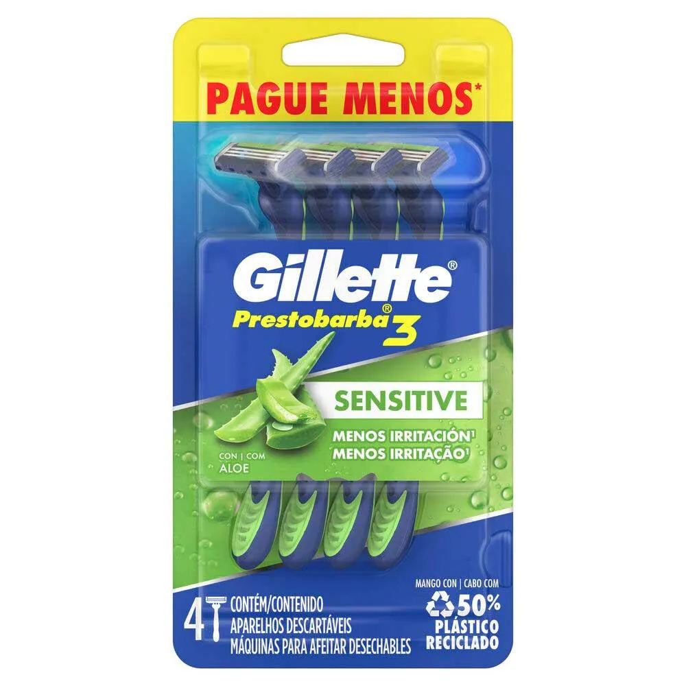 Aparelho de Barbear Gillette Prestobarba 3 Sensitive Aloe Vera 4 unidades