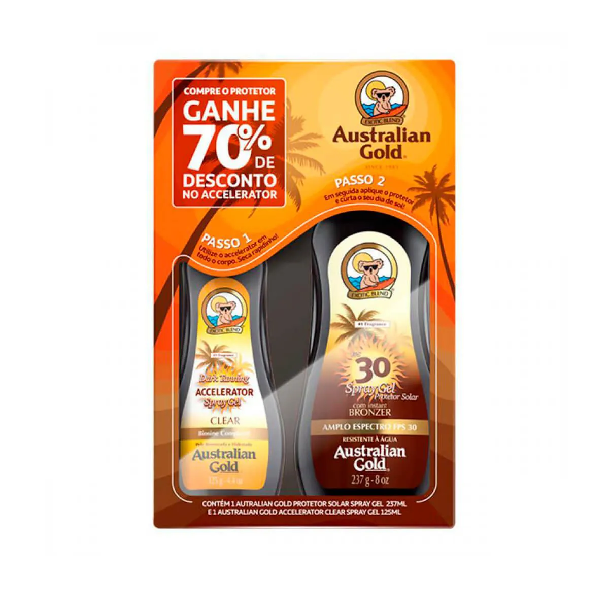 Kit Australian Gold Protetor Solar Corporal FPS 30 com 237ml + Bronzeador Dark Tanning Clear com 125ml