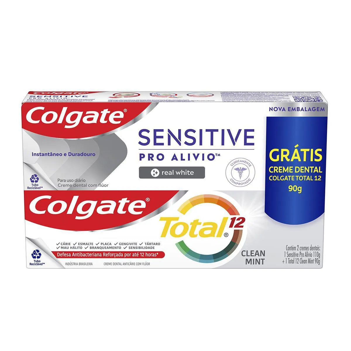 Creme Dental Colgate Sensitive Pro Alívio Real White 110g + Colgate Total 12 90g