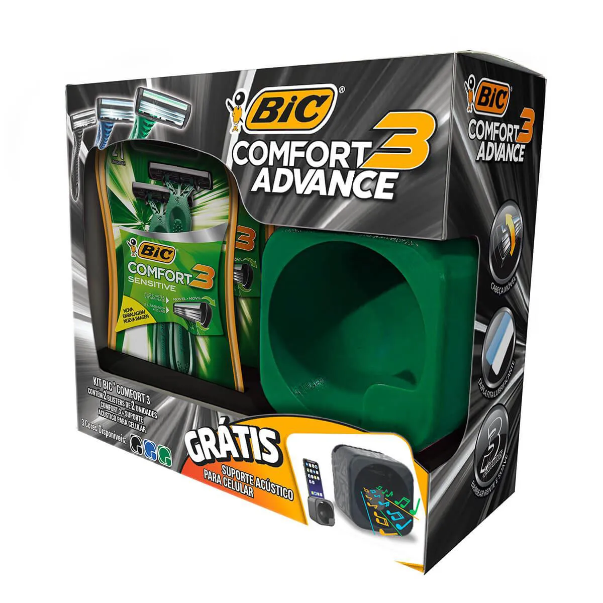 Kit Aparelho de Barbear Bic Comfort 3 Advance com 4 unidades + Suporte Acústico para Celular