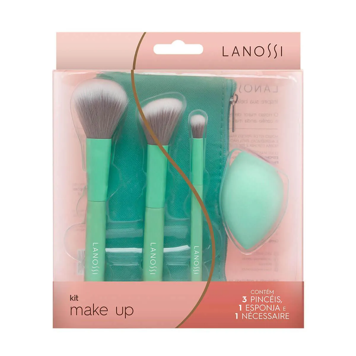 Kit com 3 Pinceis de Maquiagem Lanossi e 1 Esponja + 1 Necessaire Mint Green