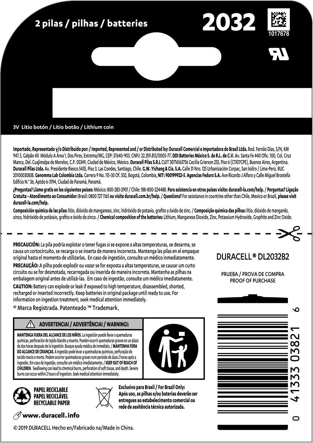 Pilha de Lítio Duracell Tipo Moeda Bateria CR2032 2 unidades