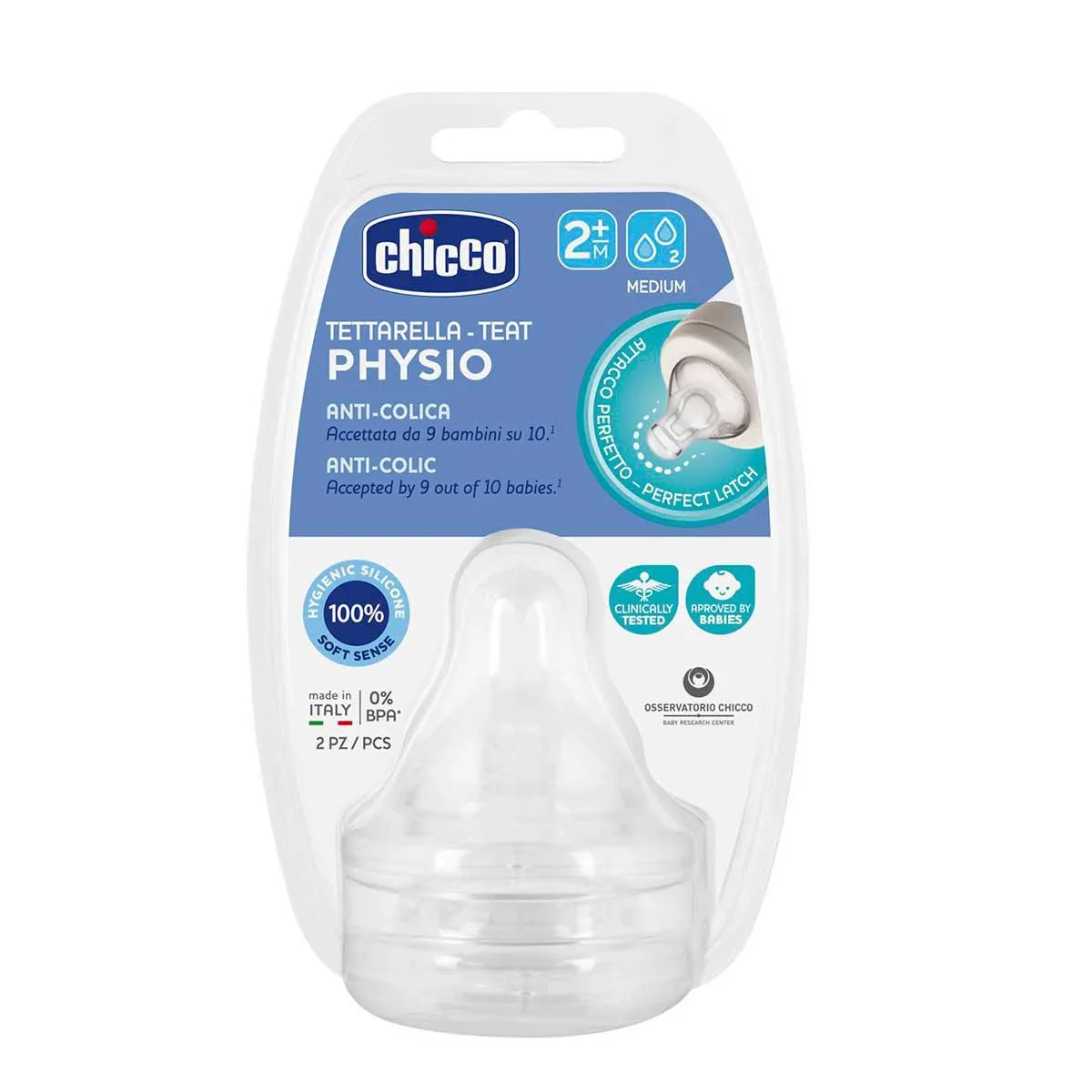 Bico para Mamadeira Chicco Physio Anticólica Fluxo Médio 2 meses+ com 2 unidades