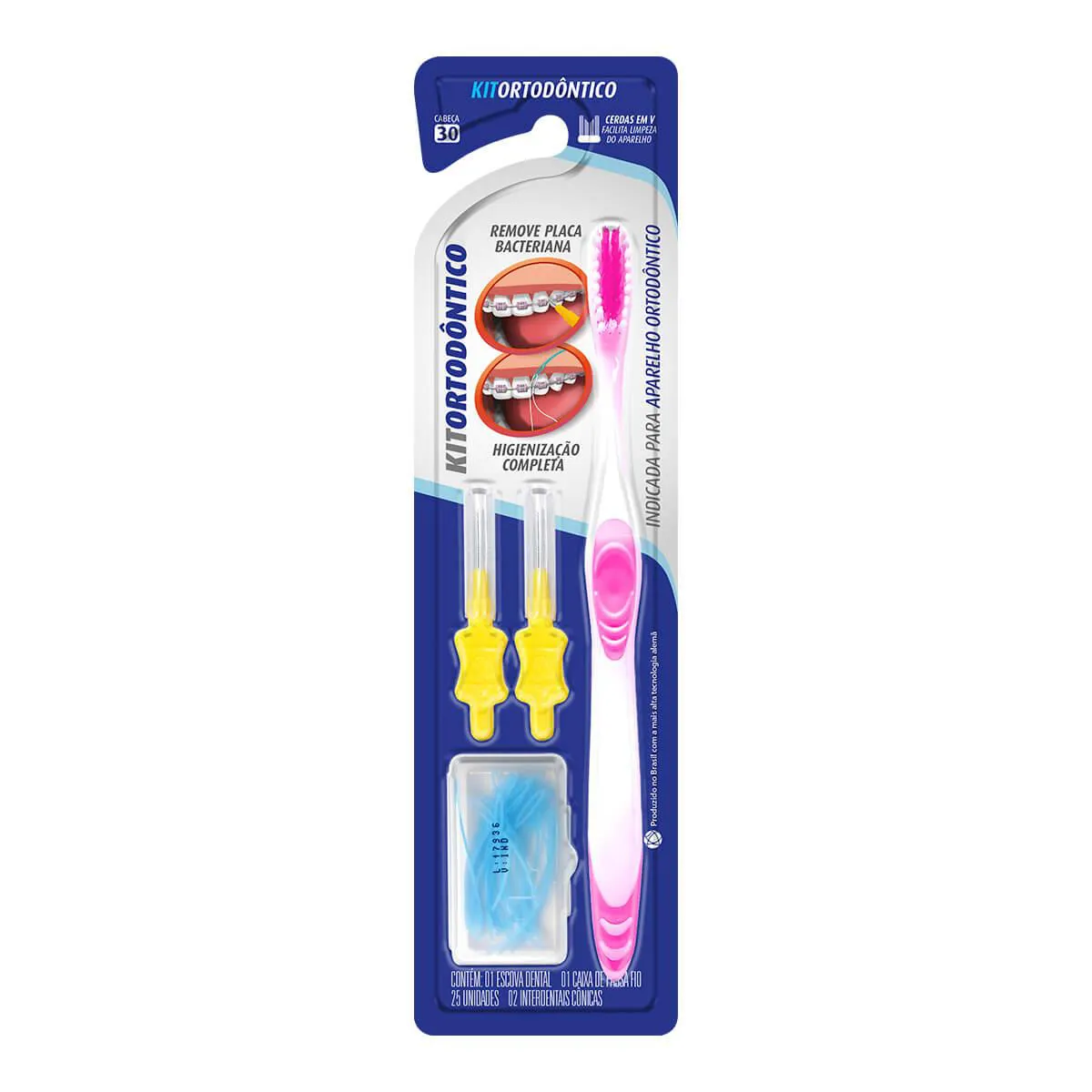 Kit Ortodôntico Dentalclean Escova de Dente + 2 Escovas Interdentais Cônicas + Passa Fio 25 unidades