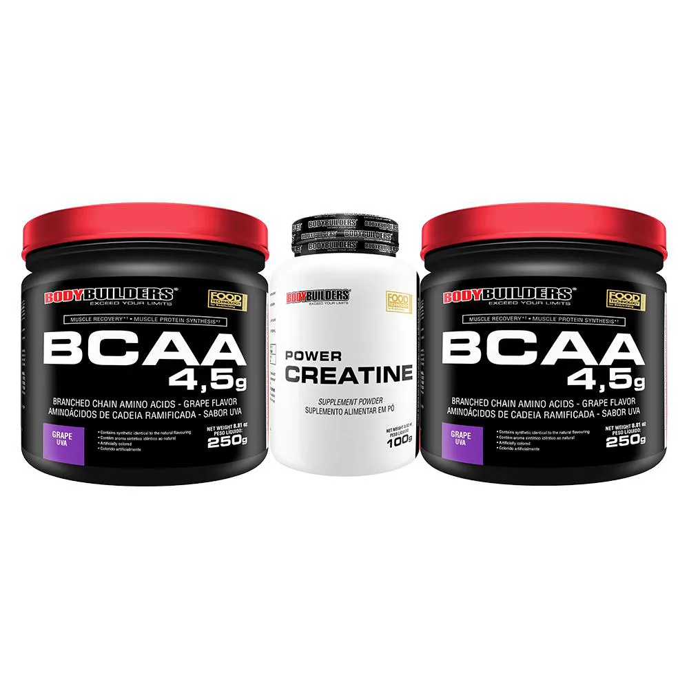 Kit 2x Bcaa Powder 4.5 250g + Power Creatina 100g - Bodybuilders Sabor Uva