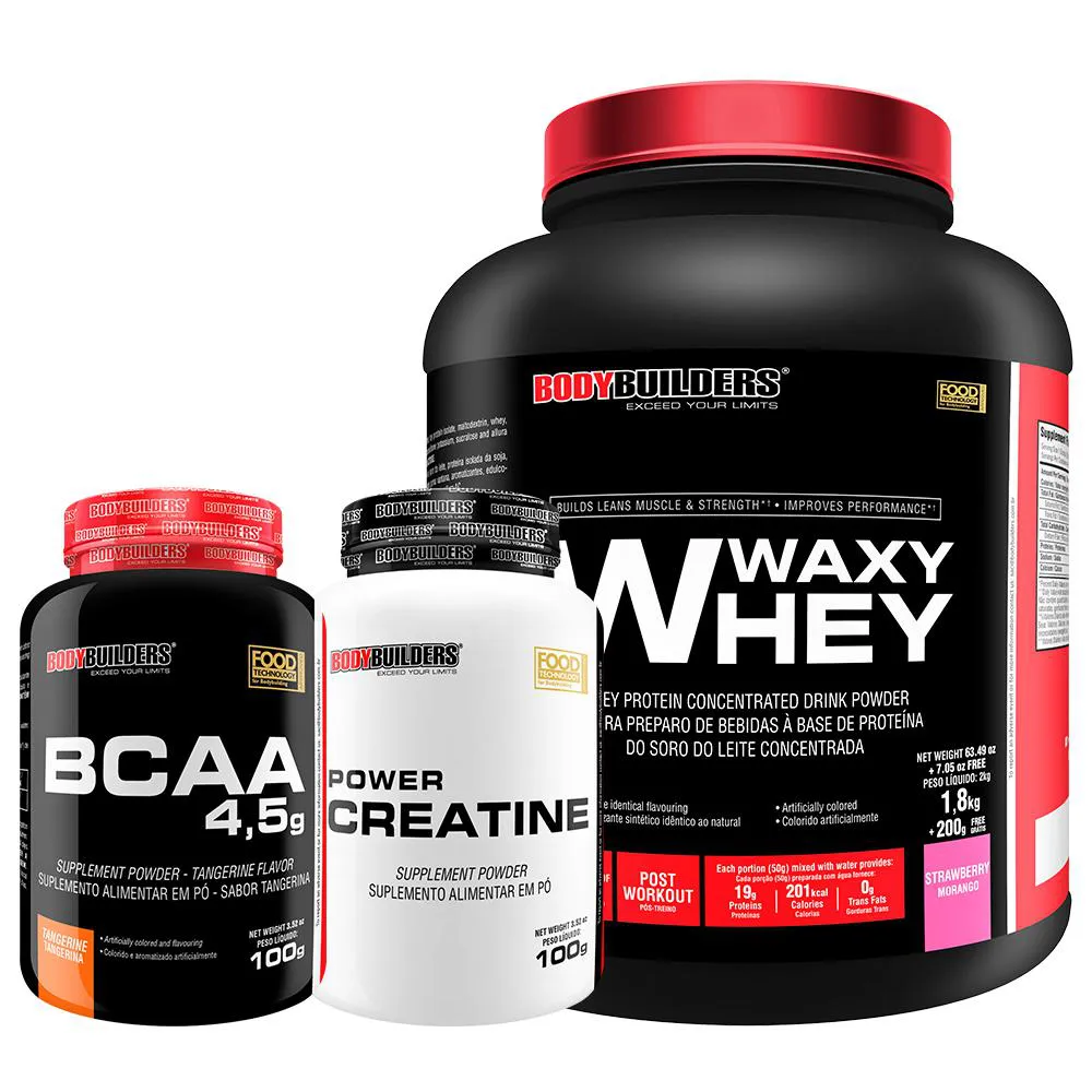 Kit Waxy Whey 2kg + Bcaa 4.5 100g + Power Creatina 100g – Bodybuilders Morango