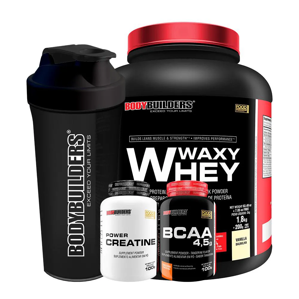 Kit - Waxy Whey 2kg + Bcaa 4,5 100g + Power Creatina 100g + Coqueteleira Sabor: Baunilha – Bodybuilders