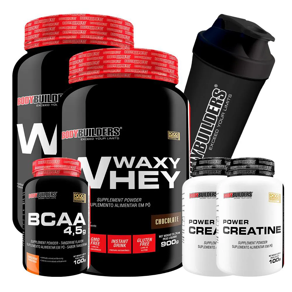 Kit 2x Waxy Whey Protein 900g + 2x Power Creatina 100g + Bcaa 4.5 100g + Coqueteleira - Bodybuilders Chocolate