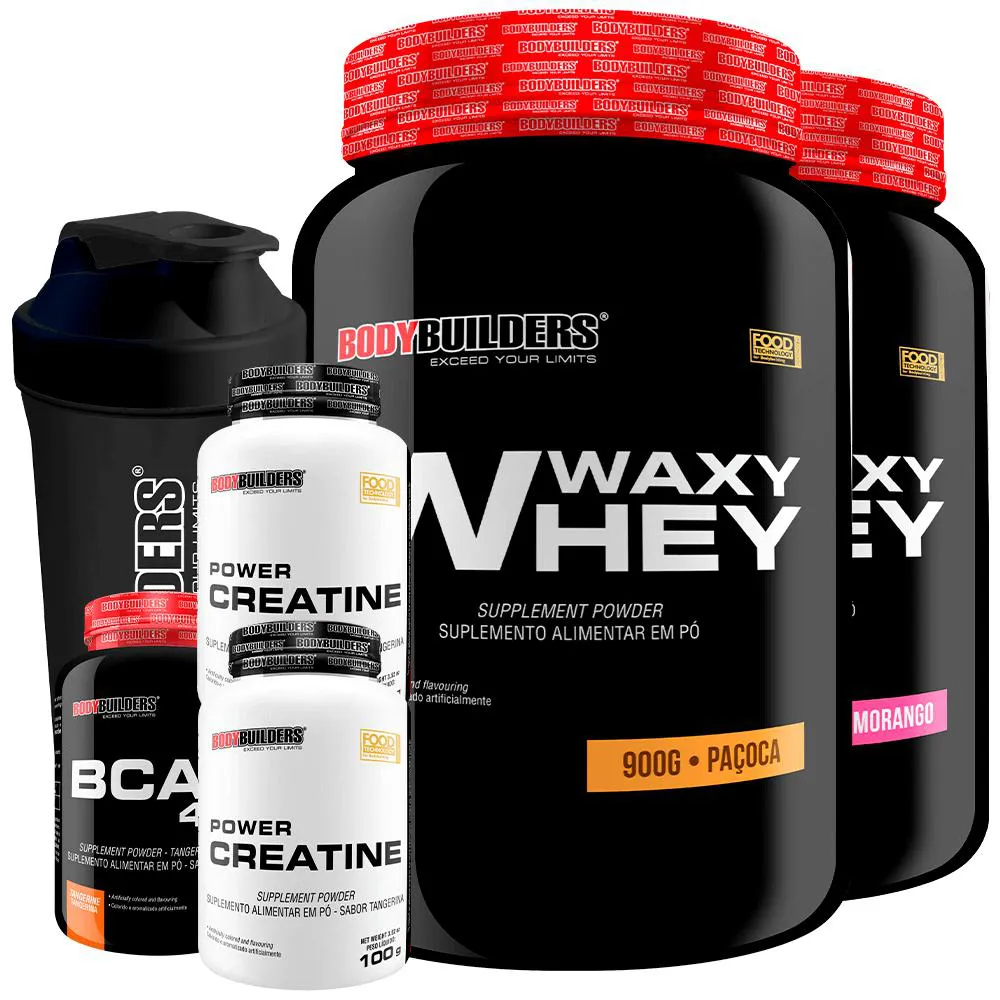 Kit 2x Waxy Whey Protein 900g + 2x Power Creatina 100g + Bcaa 4.5 100g + Coqueteleira - Bodybuilders Morango e Paçoca