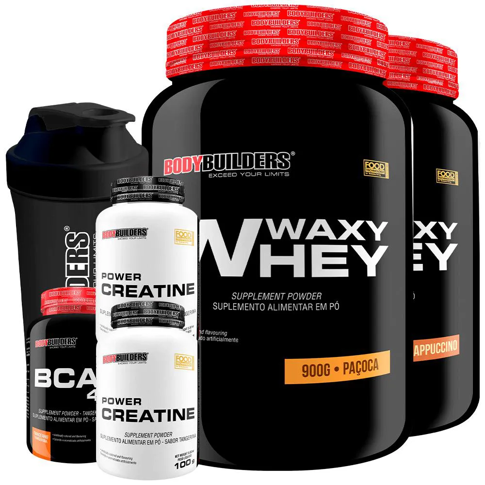 Kit 2x Waxy Whey Protein 900g + 2x Power Creatina 100g + Bcaa 4.5 100g + Coqueteleira - Bodybuilders Cappuccino e Paçoca