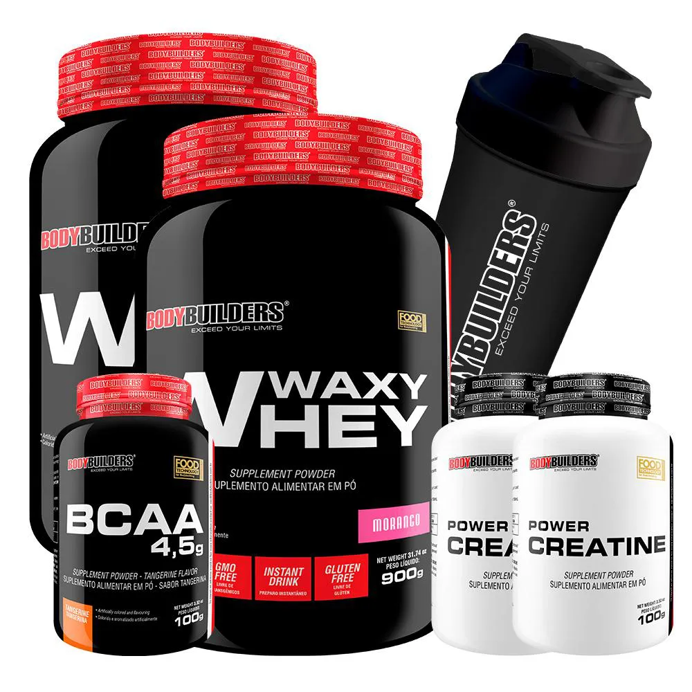 Kit 2x Waxy Whey Protein 900g + 2x Power Creatina 100g + Bcaa 4.5 100g + Coqueteleira - Bodybuilders Morango