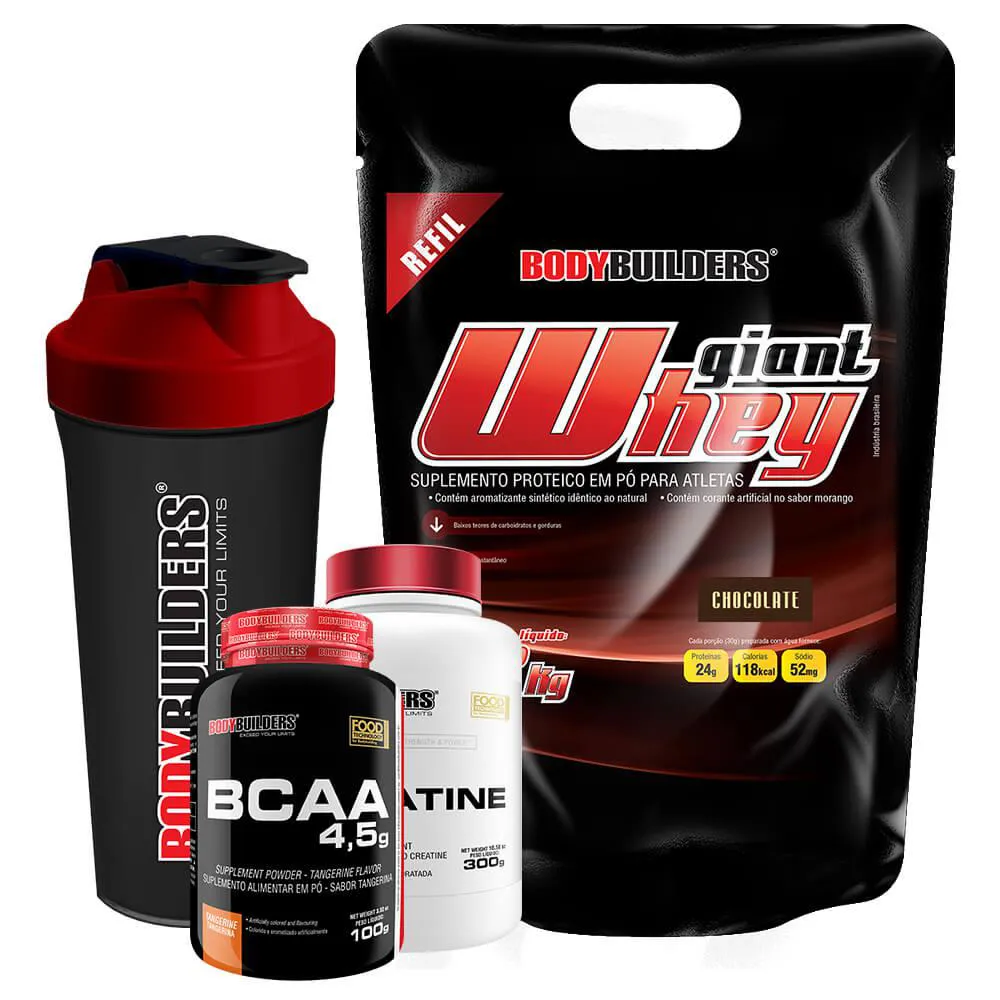 Kit Giant Whey 2kg (refil) + Bcaa 4,5 100g + 100% Creatine 300g + Coqueteleira Sabor: Chocolate– Bodybuilders