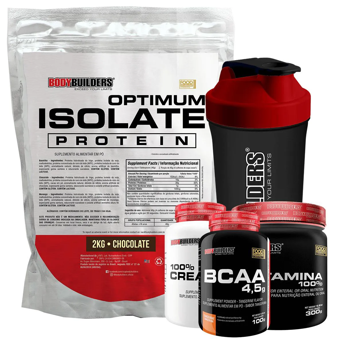 Kit Optimum Isolate Whey Protein 2kg + Bcaa 100g + Creatina 100g + Glutamina 300g + Coqueteleira Sabor Chocolate - Bodybuilders