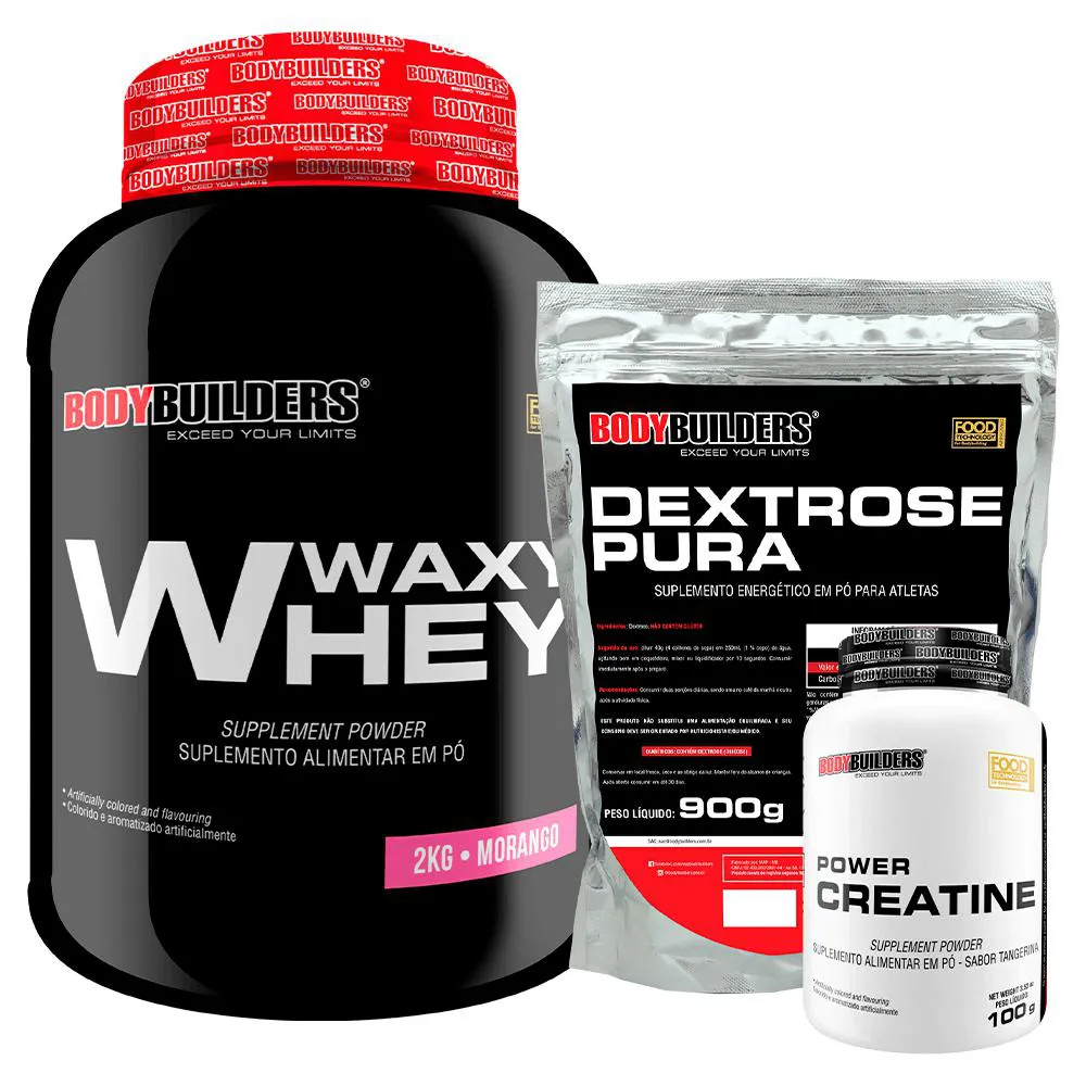 Kit Waxy Whey Protein 2kg + Creatina 100g + Dextrose 900g - Bodybuilders Morango