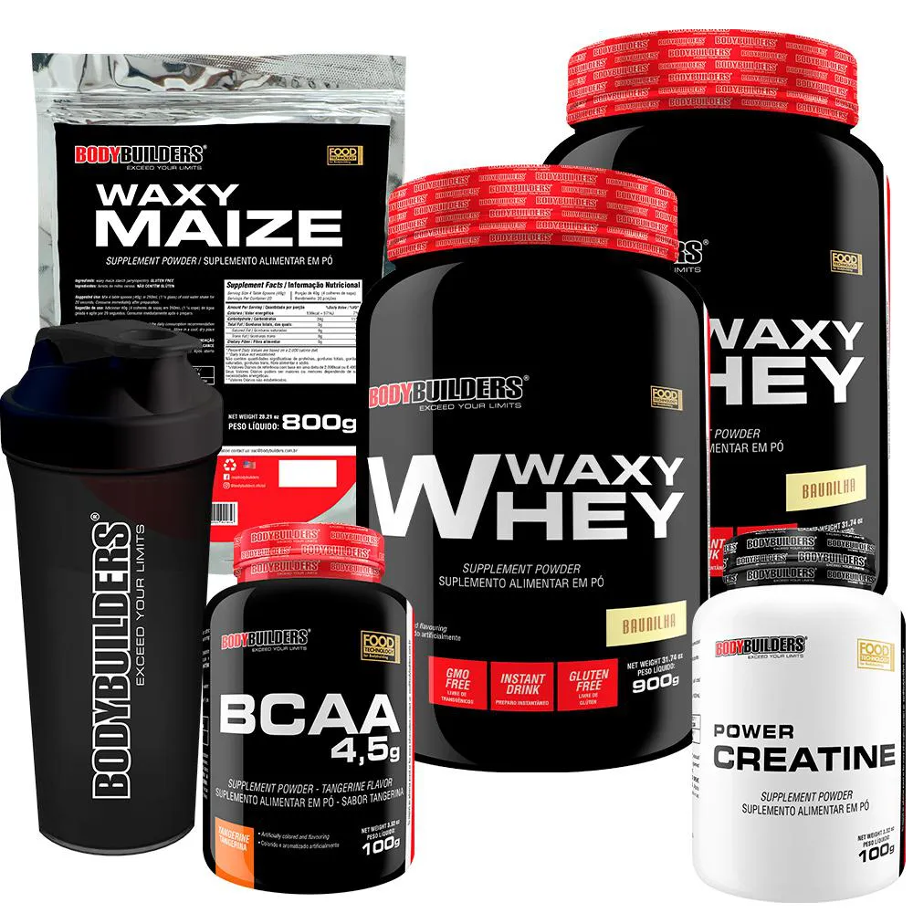 Kit 2x Whey Protein Waxy Whey 900g + Bcaa 4.5 100g + Power Creatina 100g + Waxy Maize 800g + Coque. Chocolate