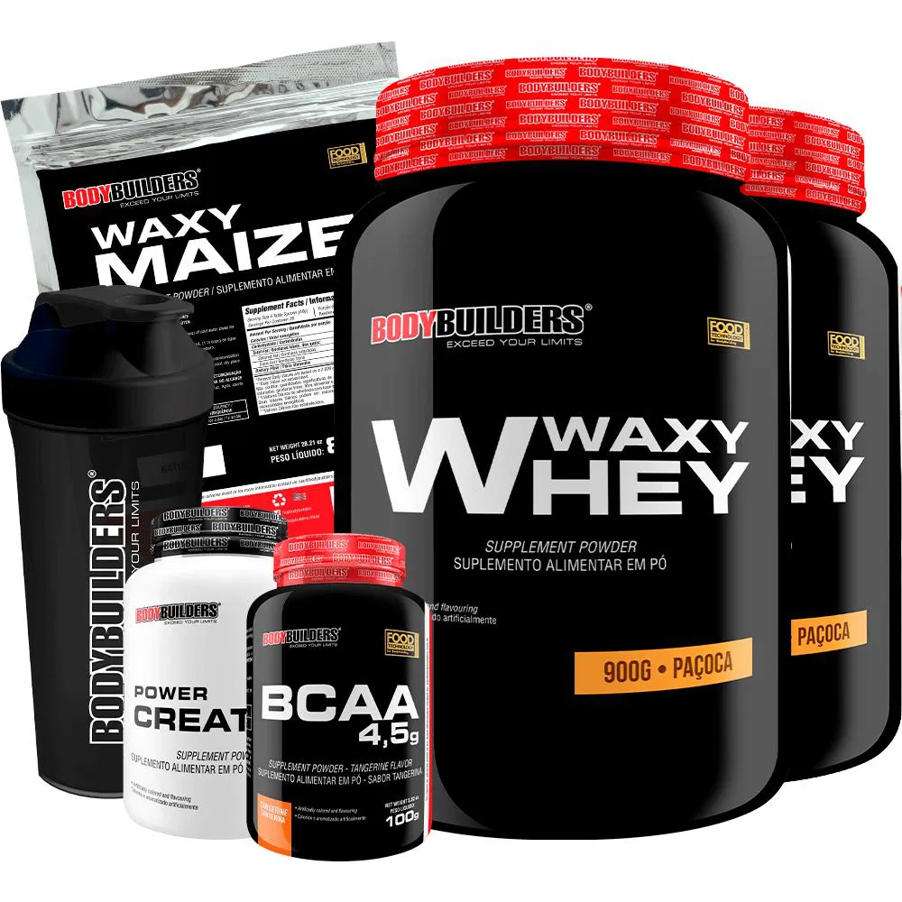 Kit 2x Whey Protein Waxy Whey 900g + Bcaa 4.5 100g + Power Creatina 100g + Waxy Maize 800g + Coque. Paçoca
